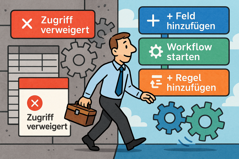 Comic-Grafik zeigt einen lächelnden Mitarbeiter mit Werkzeugkoffer, der von einem grauen, blockierten ERP-System mit Fehlermeldungen wie „Zugriff verweigert“ hinübergeht zu einer farbenfrohen Low-Code-Plattform.