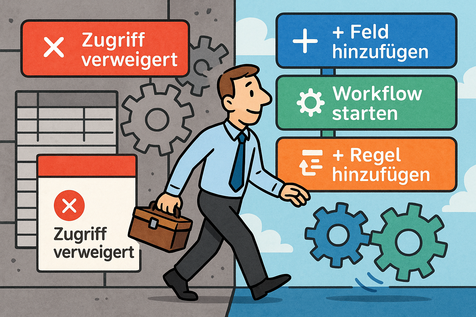 Comic-Grafik zeigt einen lächelnden Mitarbeiter mit Werkzeugkoffer, der von einem grauen, blockierten ERP-System mit Fehlermeldungen wie „Zugriff verweigert“ hinübergeht zu einer farbenfrohen Low-Code-Plattform.